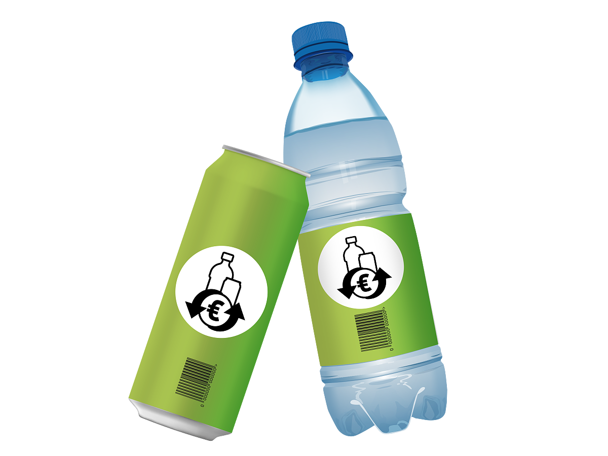 Flasche und Dose mit Pfandsymbol